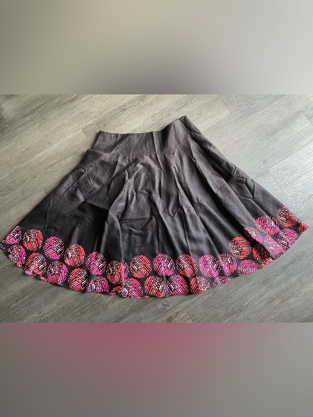 Madison Womens Brown Flowy A Line Midi Skirt 16 Boho Artsy Abstract Circle Print